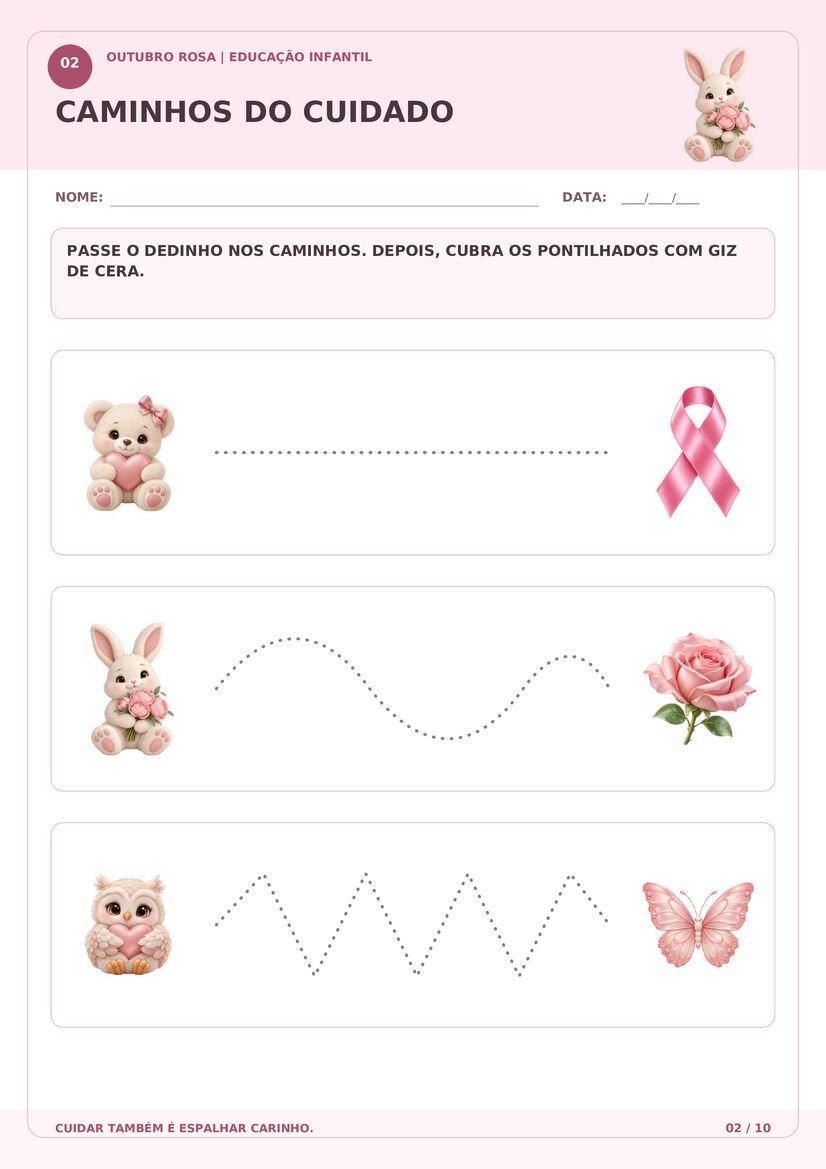 Atividade de coordenação motora Outubro Rosa com caminhos pontilhados e desenhos de animais fofos